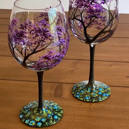 Oak & Coral | Hand Painted Four Seasons Tree Wine Glasses | Unique Art