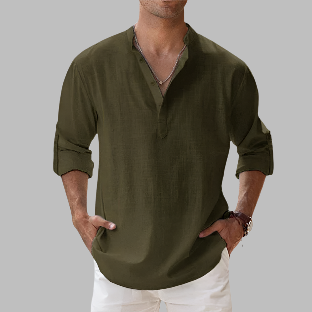 Oak & Coral | Men's Linen Blend V-Neck Shirt with Band Collar
