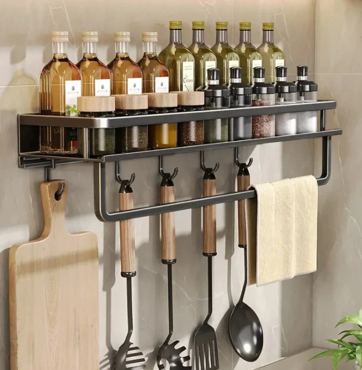 Oak & Coral | Metal Wall Shelf for Kitchen | Space-Saving Storage | Black