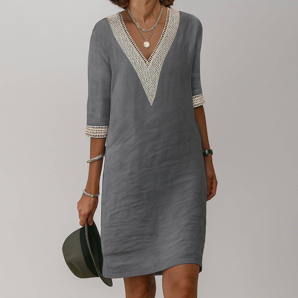 Oak & Coral | Women's V-Neck Crochet Trim Dress