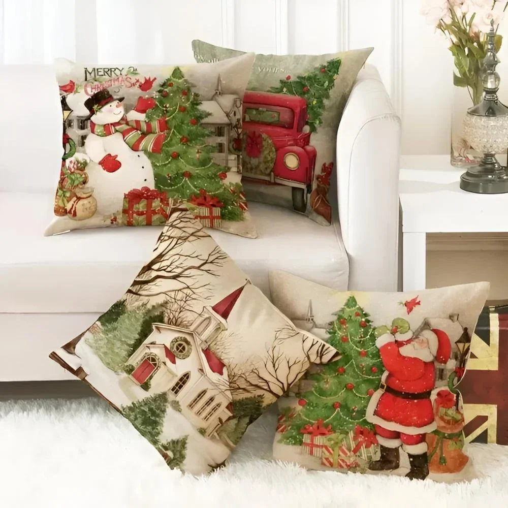 Festive Woven Polyester Linen Christmas Pillow Cover with Hidden Zipper