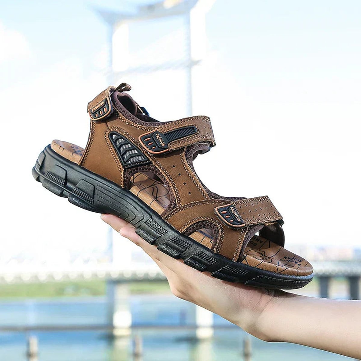 Men's Orthopedic Comfortable Leather Open-Toe Sandals with Hook-and-Loop Straps