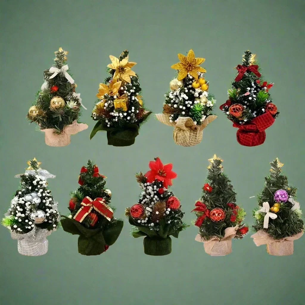 Mini Artificial Tabletop Christmas Tree with Decorations and Poinsettia Flowers