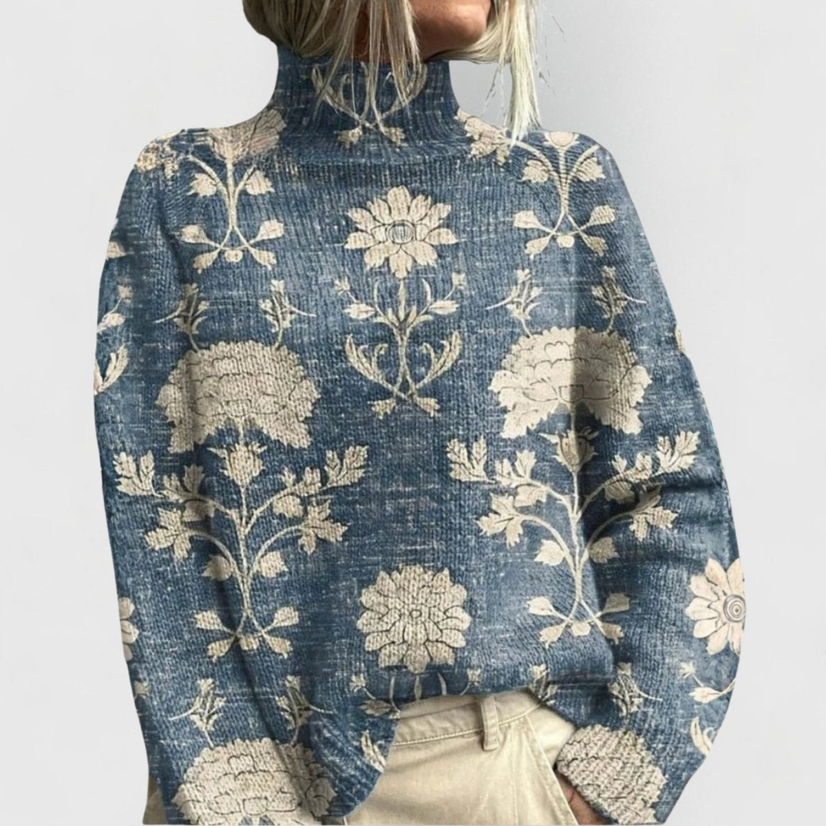 Women's Floral Turtleneck Relaxed-Fit Knit Sweater