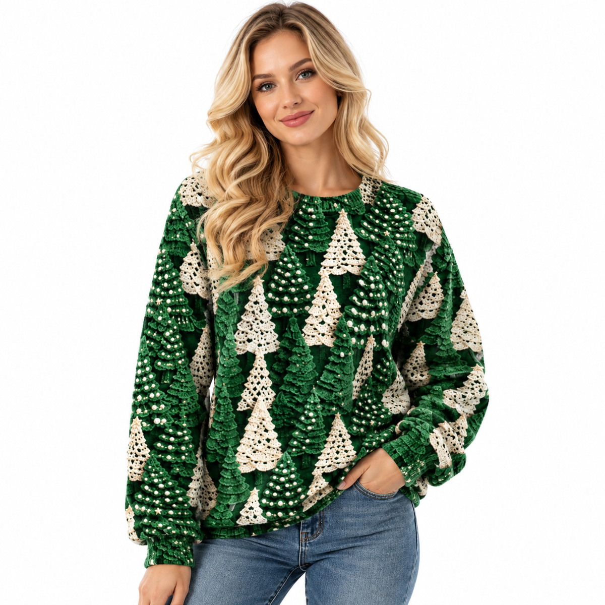 Women's Knitted Christmas Sweater with Soft Knit & Christmas Tree Print - Crewneck & Long Sleeves for Winter Outfits