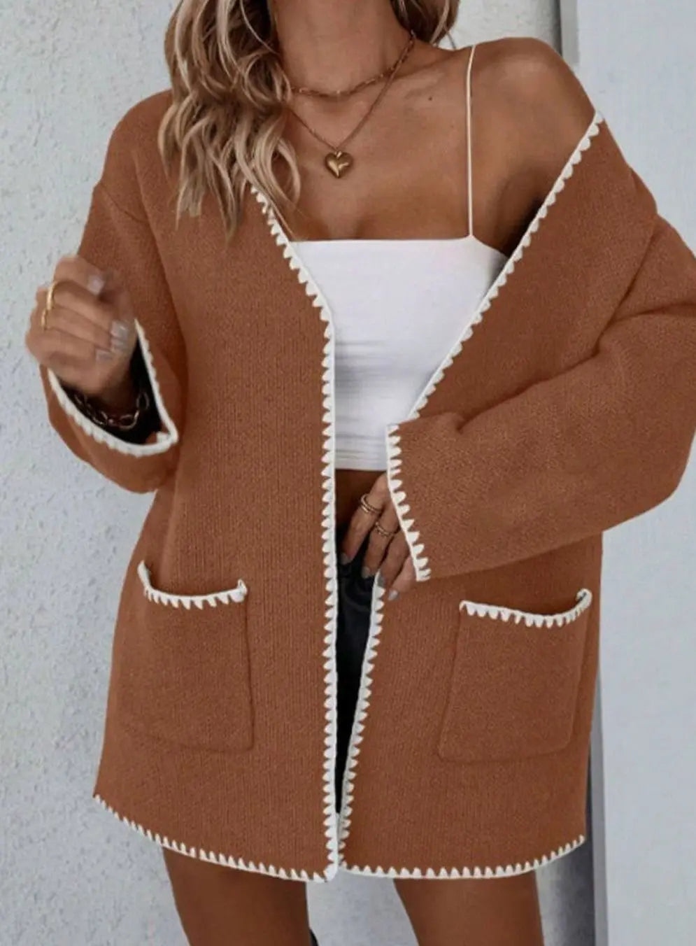Women's Open-Front Long-Sleeve Knit Cardigan with Contrast Trim and Pockets