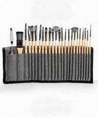24-Piece Paint Brush Set with Wooden Handles, Palette Knife, and Roll-Up Case