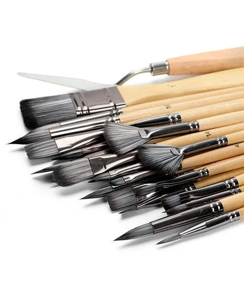 24-Piece Paint Brush Set with Wooden Handles, Palette Knife, and Roll-Up Case