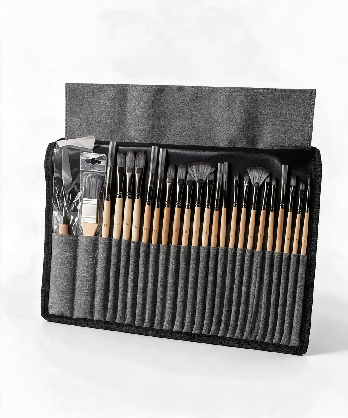 24-Piece Paint Brush Set with Wooden Handles, Palette Knife, and Roll-Up Case