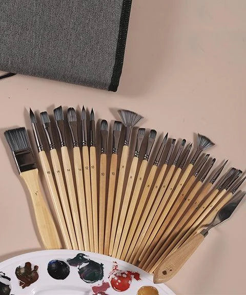 24-Piece Paint Brush Set with Wooden Handles, Palette Knife, and Roll-Up Case