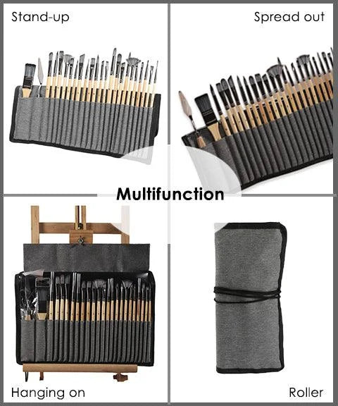 24-Piece Paint Brush Set with Wooden Handles, Palette Knife, and Roll-Up Case