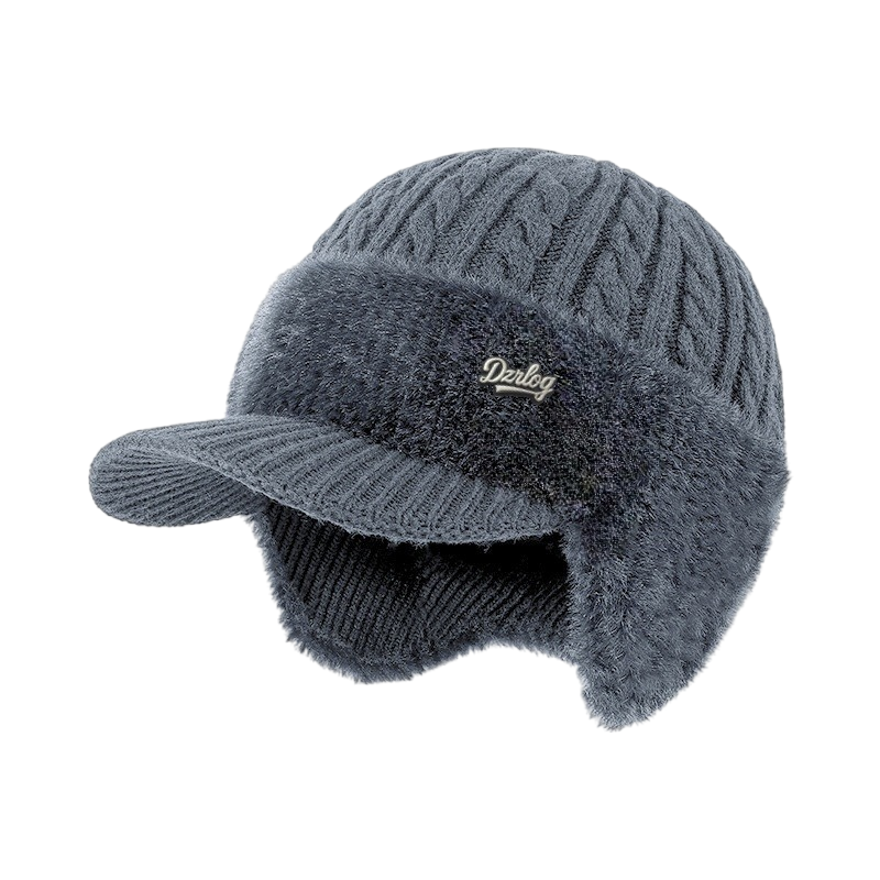 Cable-Knit Visor Beanie with Ear Flaps and Faux Fur Fleece Lining