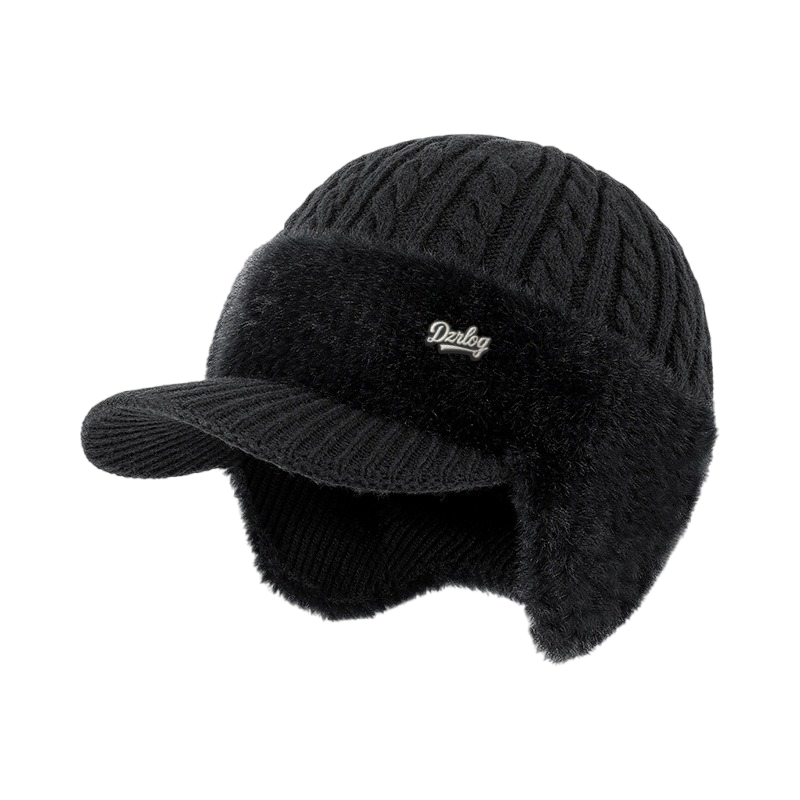 Cable-Knit Visor Beanie with Ear Flaps and Faux Fur Fleece Lining