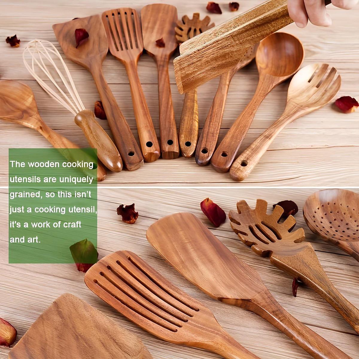 Oak & Coral | 11-Piece Teak Kitchen Tool Set | With Holder | Natural Wood