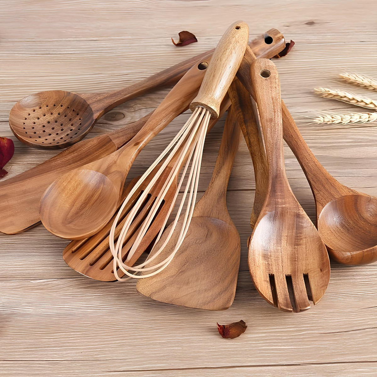 Oak & Coral | 11-Piece Teak Kitchen Tool Set | With Holder | Natural Wood