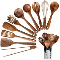 Oak & Coral | 11-Piece Natural Teak Cooking Utensil Set with Holder