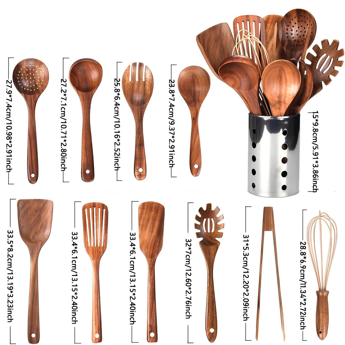 Oak & Coral | 11-Piece Teak Kitchen Tool Set | With Holder | Natural Wood