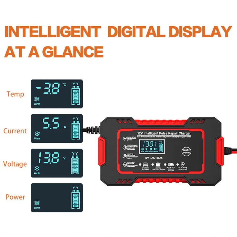 Oak & Coral | 12V 6A Smart Car Battery Charger | Pulse Repair, LCD Display & Fast Charging for AGM, Gel & Lead Acid Batteries