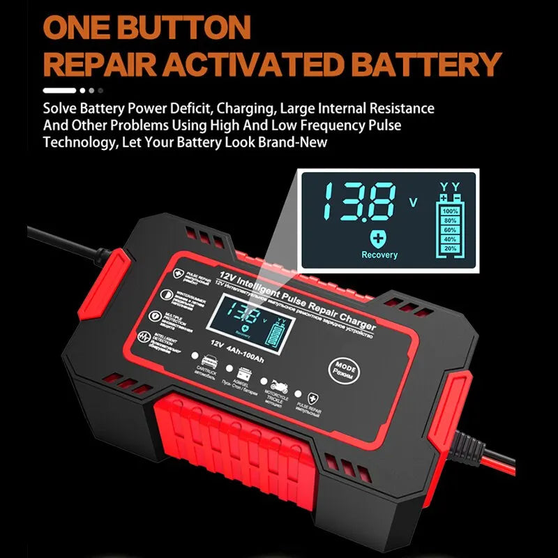 Oak & Coral | 12V 6A Smart Car Battery Charger | Pulse Repair, LCD Display & Fast Charging for AGM, Gel & Lead Acid Batteries