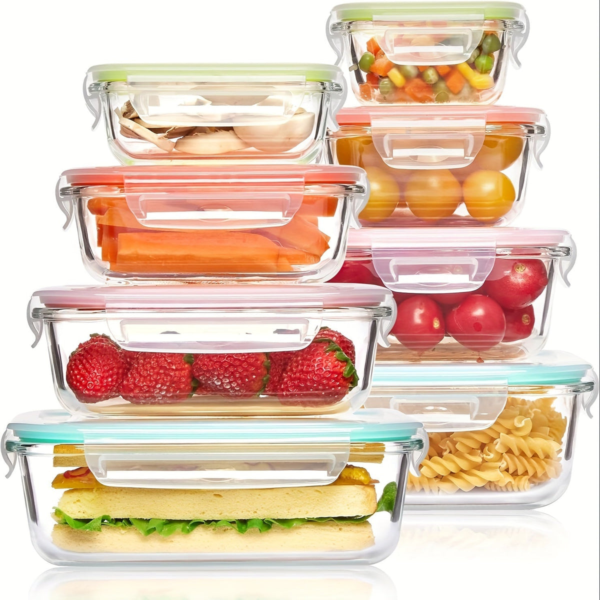 Oak & Coral | 8-Pack Glass Food Storage Containers – Airtight Meal Prep Bento Boxes with Leakproof, Lockable Lids, Microwave, Oven, Freezer, and Dishwasher Safe, BPA-Free