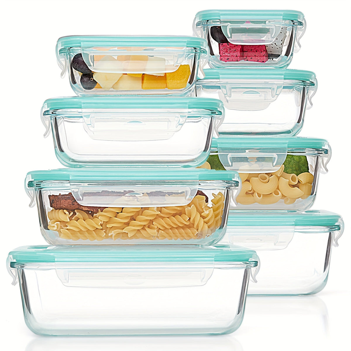 Oak & Coral | 8-Pack Glass Food Storage Containers – Airtight Meal Prep Bento Boxes with Leakproof, Lockable Lids, Microwave, Oven, Freezer, and Dishwasher Safe, BPA-Free