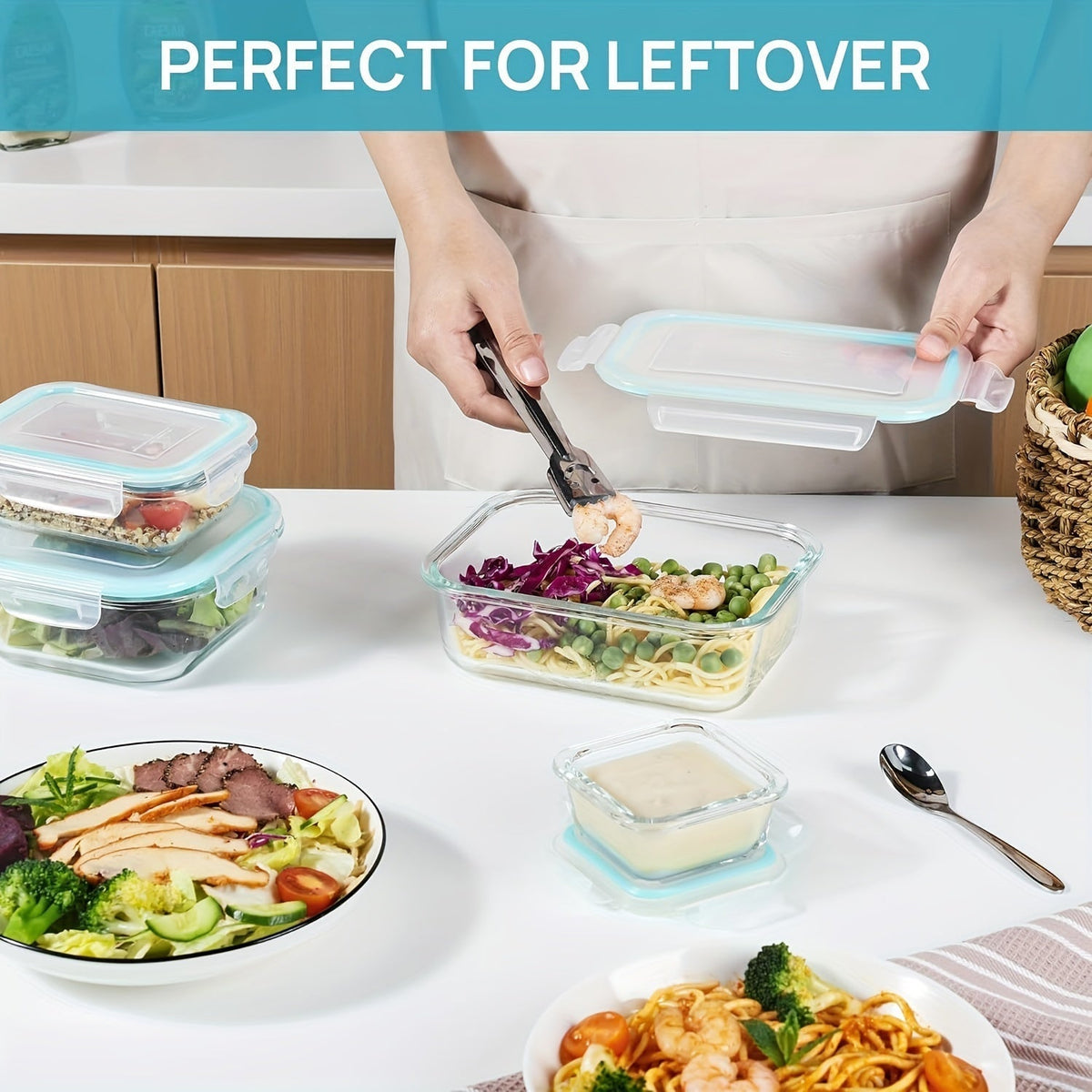 Oak & Coral | 8-Pack Glass Food Storage Containers – Airtight Meal Prep Bento Boxes with Leakproof, Lockable Lids, Microwave, Oven, Freezer, and Dishwasher Safe, BPA-Free