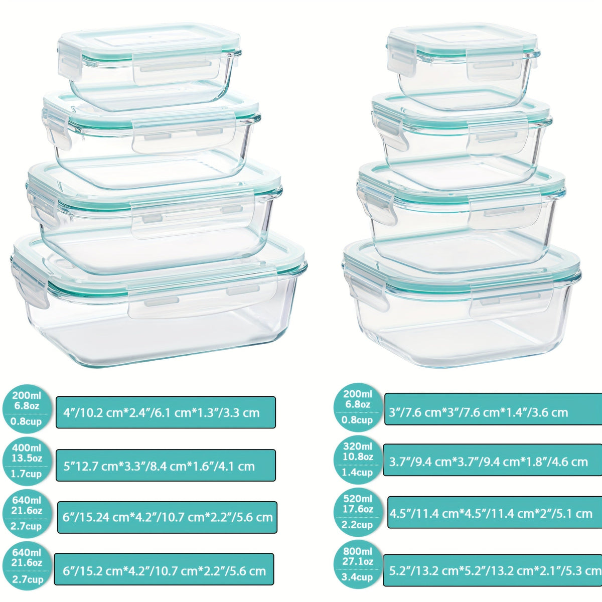 Oak & Coral | 8-Pack Glass Food Storage Containers – Airtight Meal Prep Bento Boxes with Leakproof, Lockable Lids, Microwave, Oven, Freezer, and Dishwasher Safe, BPA-Free