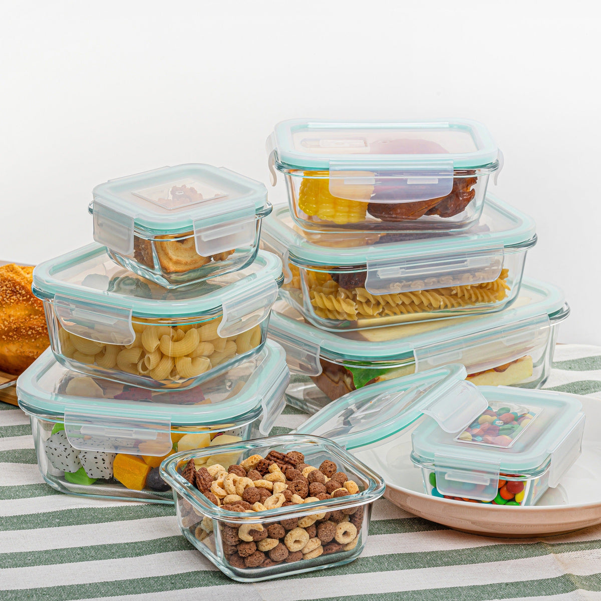 Oak & Coral | 8-Pack Glass Food Storage Containers – Airtight Meal Prep Bento Boxes with Leakproof, Lockable Lids, Microwave, Oven, Freezer, and Dishwasher Safe, BPA-Free