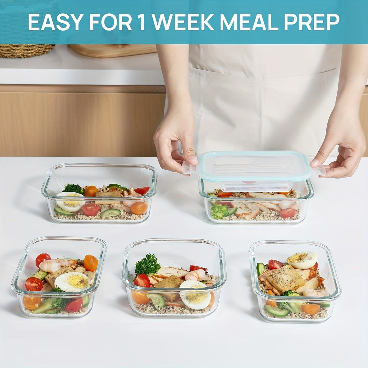 Oak & Coral | 8-Pack Glass Food Storage Containers – Airtight Meal Prep Bento Boxes with Leakproof, Lockable Lids, Microwave, Oven, Freezer, and Dishwasher Safe, BPA-Free