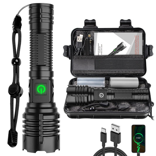 Oak & Coral | Banral 100000 lumen rechargeable flashlight, IPX6 waterproof, 5 modes, zoomable, aluminum