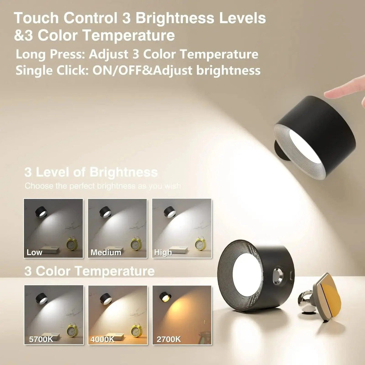 Oak & Coral | Battery Powered Wall Lamp | Rechargeable, 360° Adjustable and Wireless for Bedrooms, Hallways, and Reading Corners