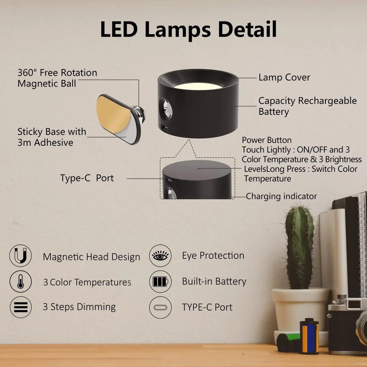 Oak & Coral | Battery Powered Wall Lamp | Rechargeable, 360° Adjustable and Wireless for Bedrooms, Hallways, and Reading Corners