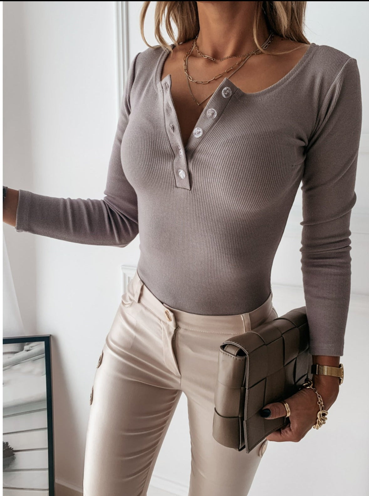 Oak & Coral Carin Ribbed Henley Tee