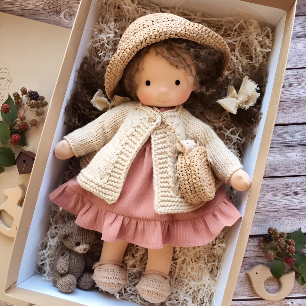Oak & Coral | Children's Waldorf Cloth Doll - Handmade Cuddly Toy