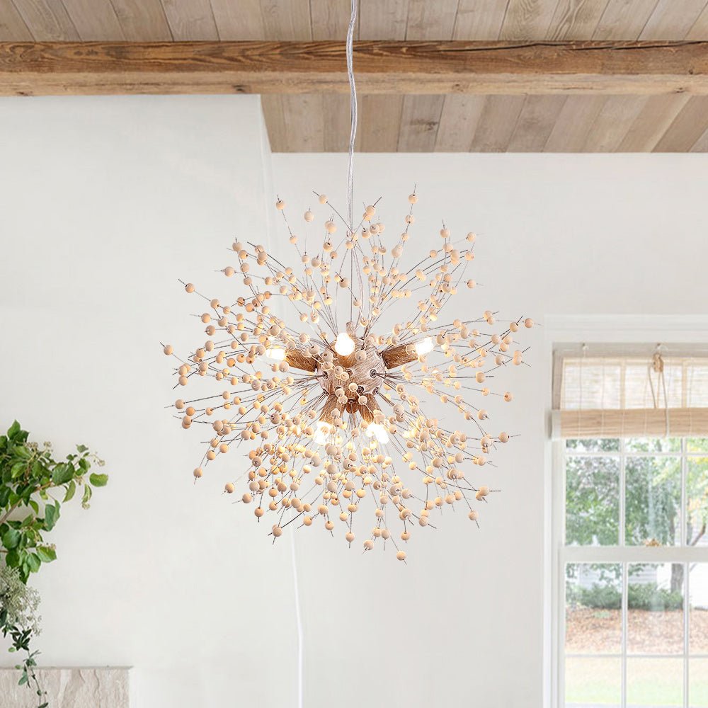 Oak & Coral | Dandelion Pendant Light with Wooden Beads | Firework Starburst Design