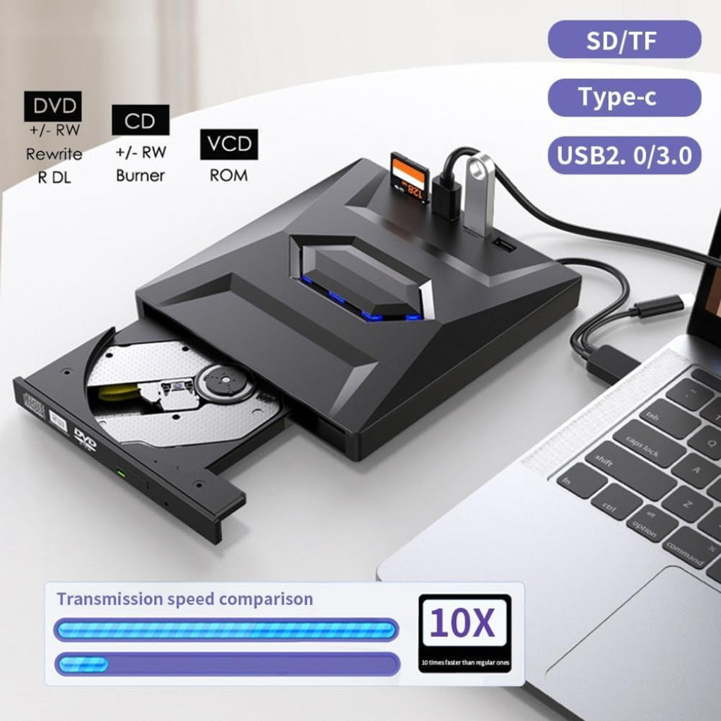 Oak & Coral | External DVD CD RW Writer with USB Hub & SD Card Reader