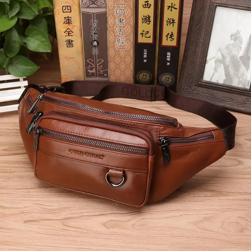 Oak & Coral | Genuine Cowhide Leather Waist Bag for Men – Large Capacity Fanny Pack, Belt & Crossbody Travel Bag