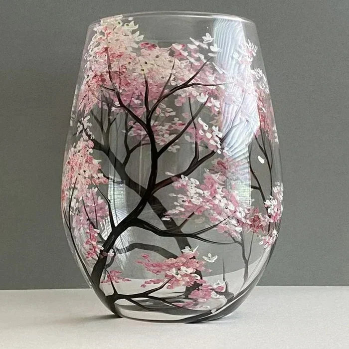 Oak & Coral | Hand Painted Four Seasons Tree Wine Glasses | Unique Art