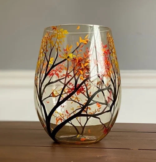 Oak & Coral | Hand Painted Four Seasons Tree Wine Glasses | Unique Art