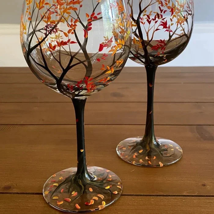 Oak & Coral | Hand Painted Four Seasons Tree Wine Glasses | Unique Art