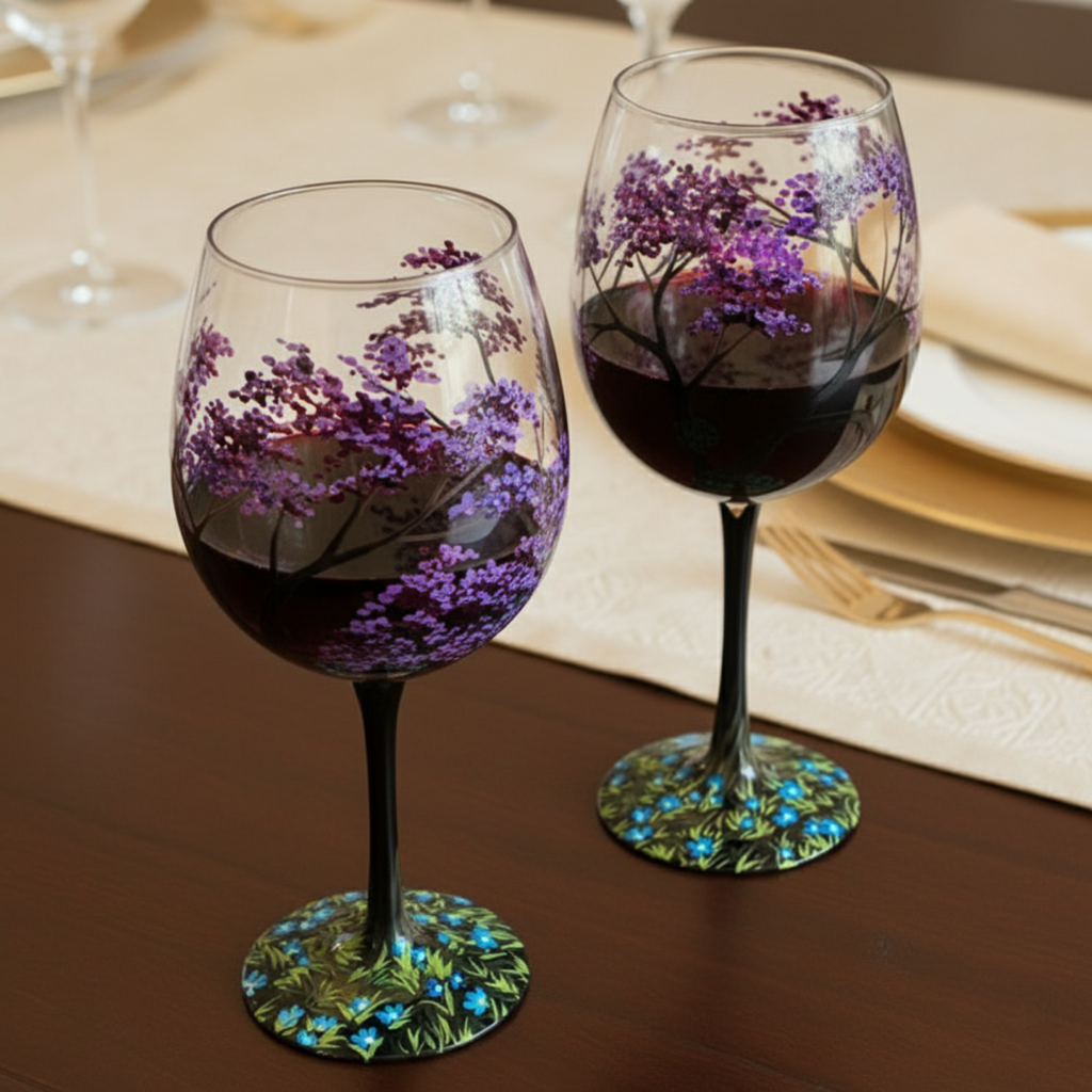 Oak & Coral | Hand Painted Four Seasons Tree Wine Glasses | Unique Art