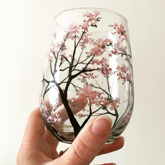 Oak & Coral | Hand Painted Four Seasons Tree Wine Glasses | Unique Art