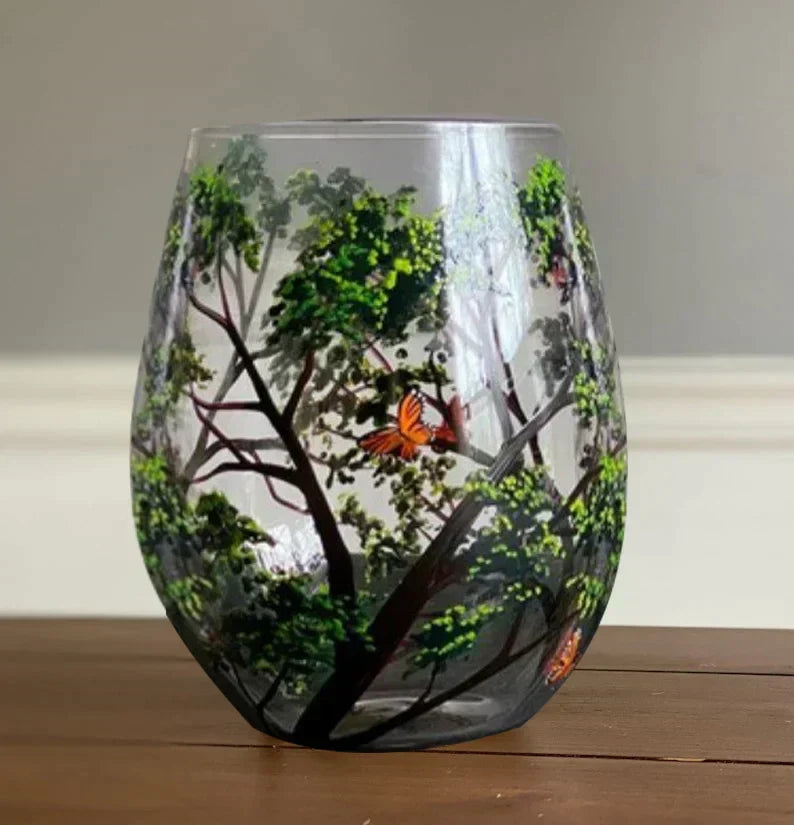 Oak & Coral | Hand Painted Four Seasons Tree Wine Glasses | Unique Art