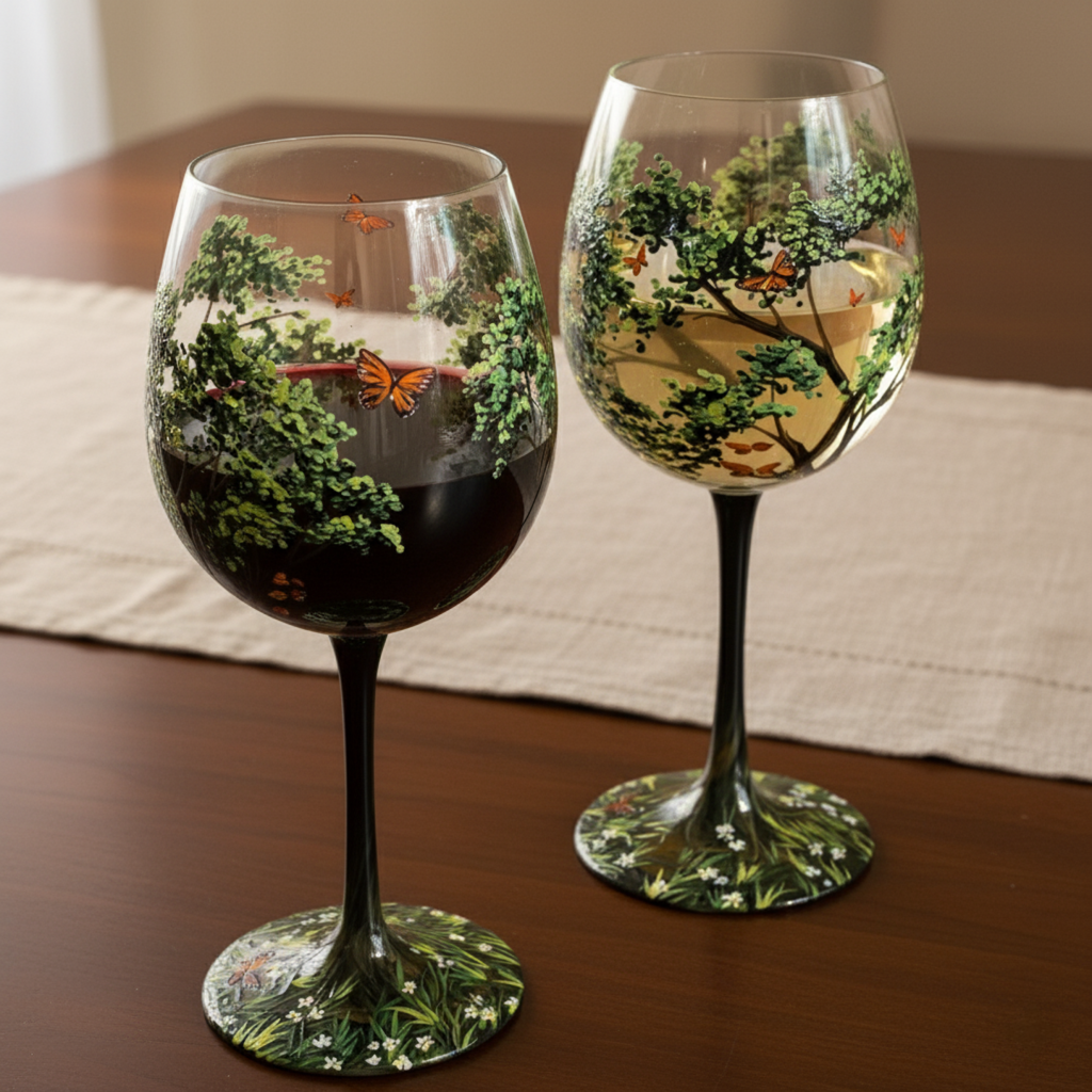 Oak & Coral | Hand Painted Four Seasons Tree Wine Glasses | Unique Art