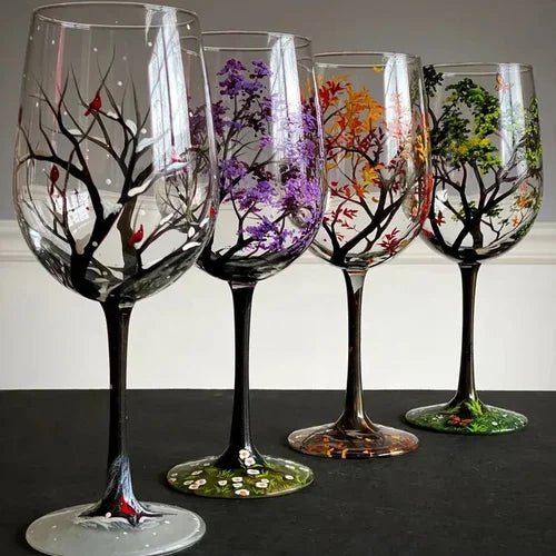 Oak & Coral | Hand Painted Four Seasons Tree Wine Glasses | Unique Art