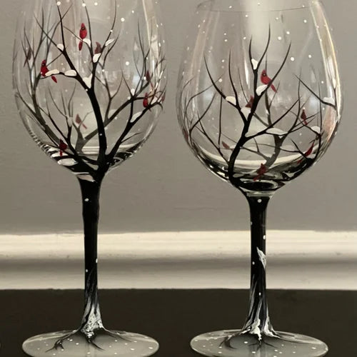 Oak & Coral | Hand Painted Four Seasons Tree Wine Glasses | Unique Art