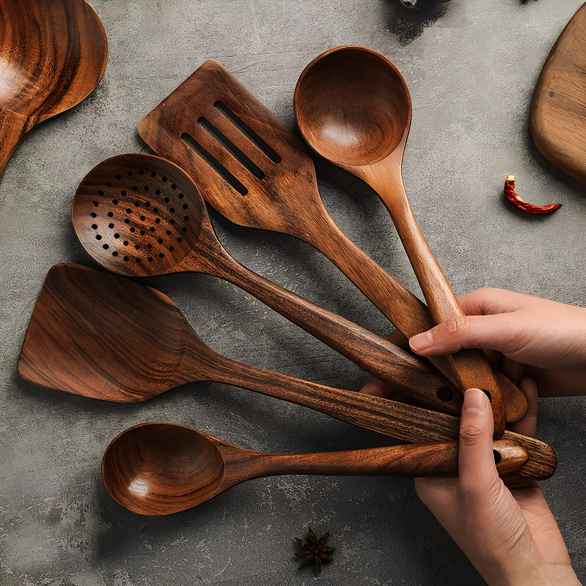 Oak & Coral Kitchen Utensils Set in Natural Wood