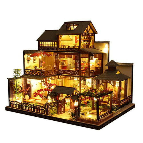 Oak & Coral | Large Realistic Wooden Dollhouse with LED Lights | DIY Miniature Playhouse