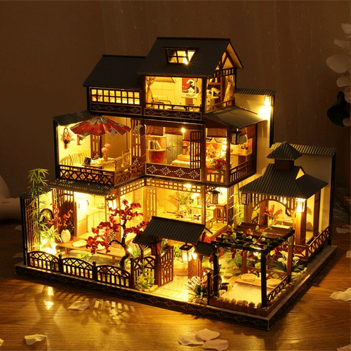 Oak & Coral | Large Realistic Wooden Dollhouse with LED Lights | DIY Miniature Playhouse