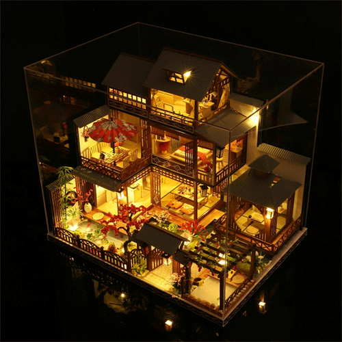 Oak & Coral | Large Realistic Wooden Dollhouse with LED Lights | DIY Miniature Playhouse